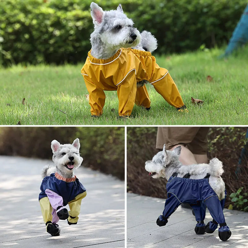 Dog wearing a waterproof PU jumpsuit in dark blue with soft bottom and non-slip design