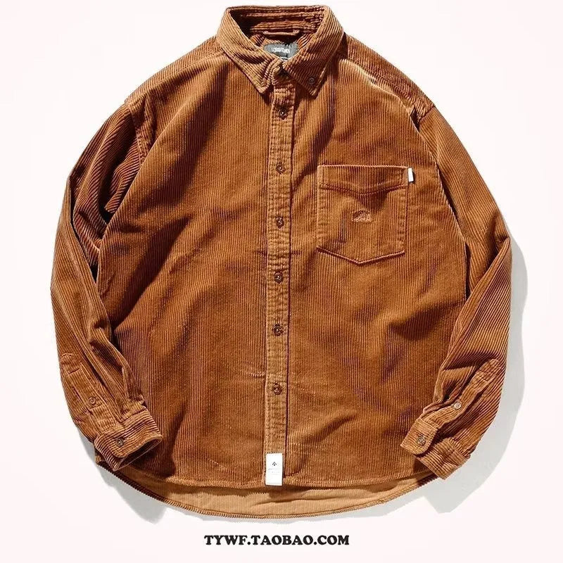 Caramel and grey loose fit corduroy long sleeve shirt in Japanese Hong Kong cardigan style