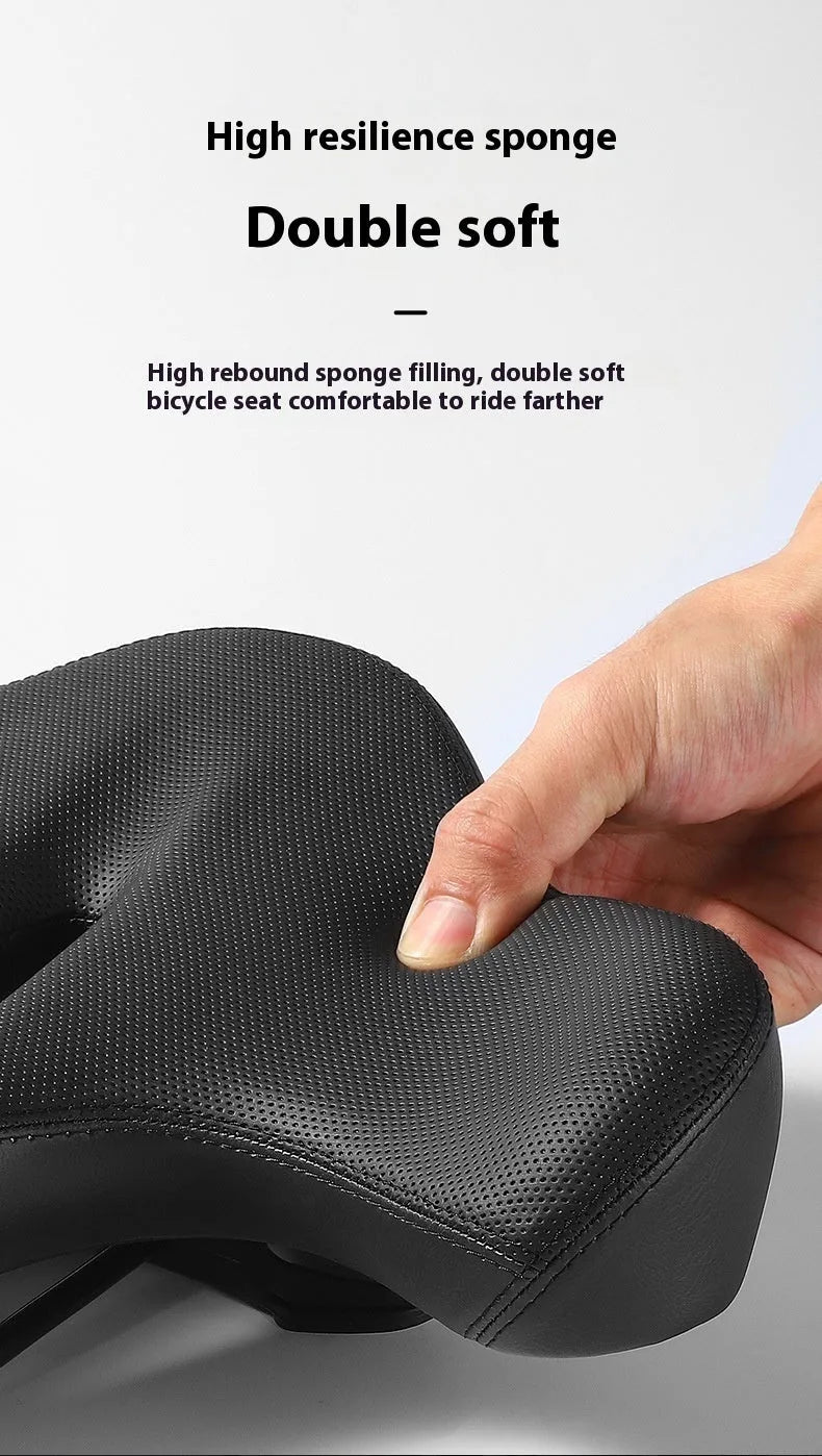 Black leather bicycle saddle cushion with thick foam padding on a bike seat.