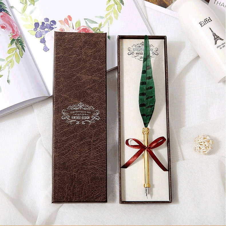 European Retro Feather Pen with stainless steel shell and gift box packaging