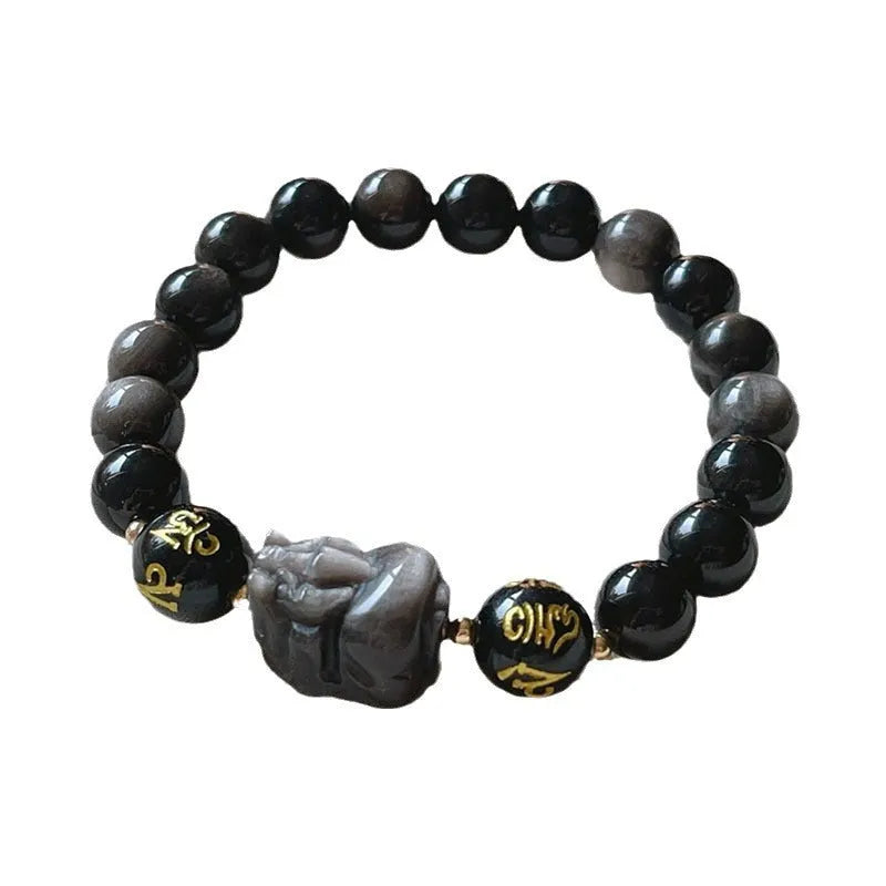 Men's silver stone bracelet with zodiac symbols and Chinese proverbs on black background