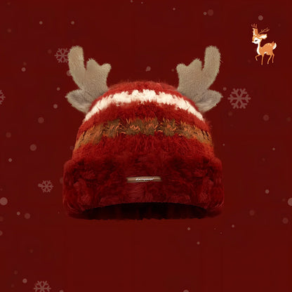 Christmas knitted beanie with deer antlers in multiple colours for winter warmth