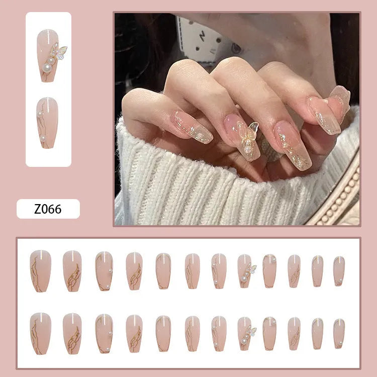 Crystal Butterfly fake nails set with 24 pieces and glue tube, plain pattern finished wear