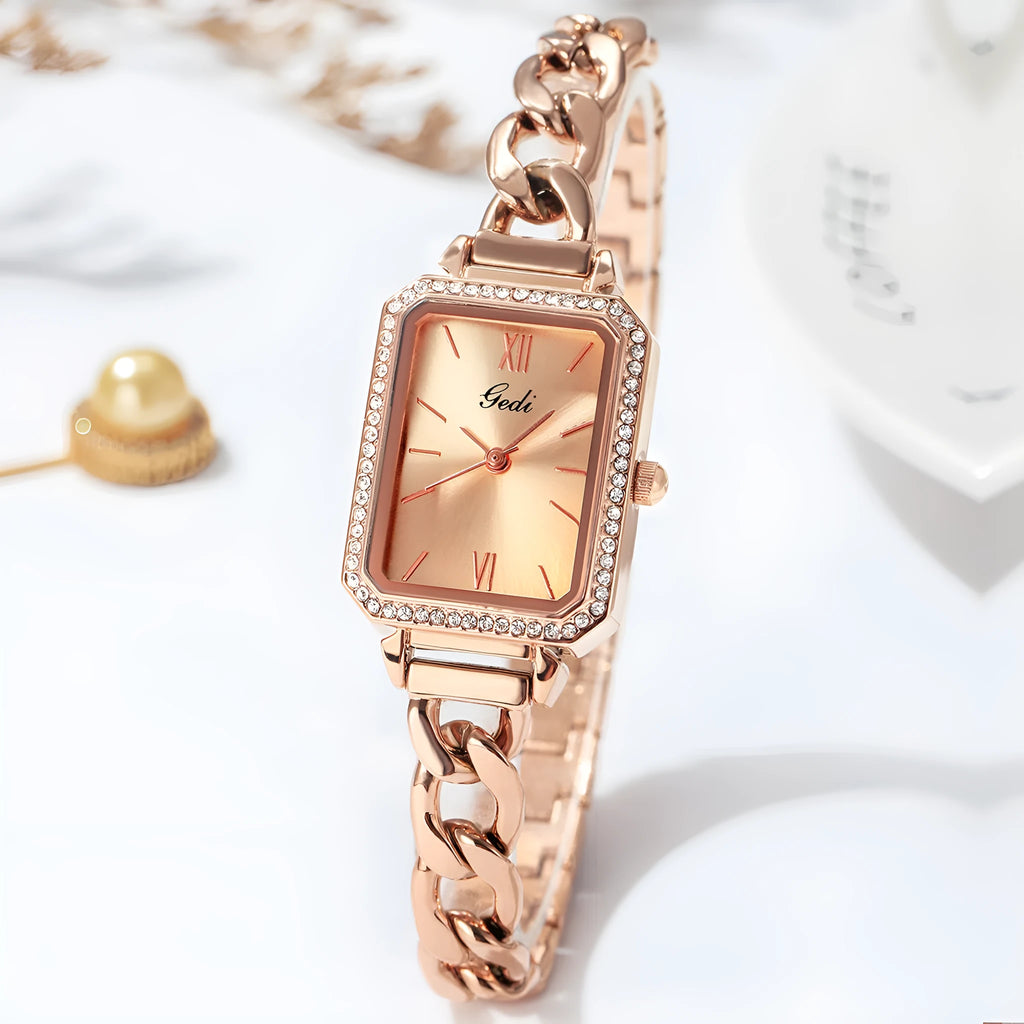 Rhinestone denim watch with square dial and small green watch face on stainless steel case