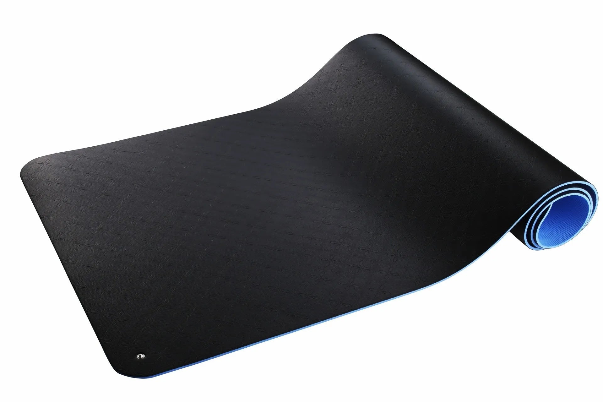 Blue conductive yoga mat with plants pattern, 182cm long, showing integrated grounding wire on non-slip PU surface.
