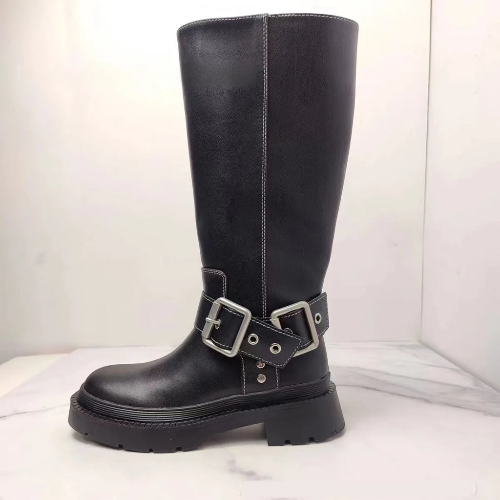 Women's brown retro height increasing platform boots with buckle decoration and non-slip rubber sole
