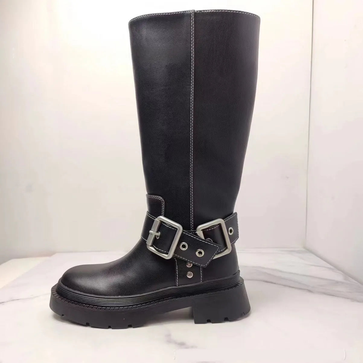 Women's brown retro height increasing platform boots with buckle decoration and non-slip rubber sole