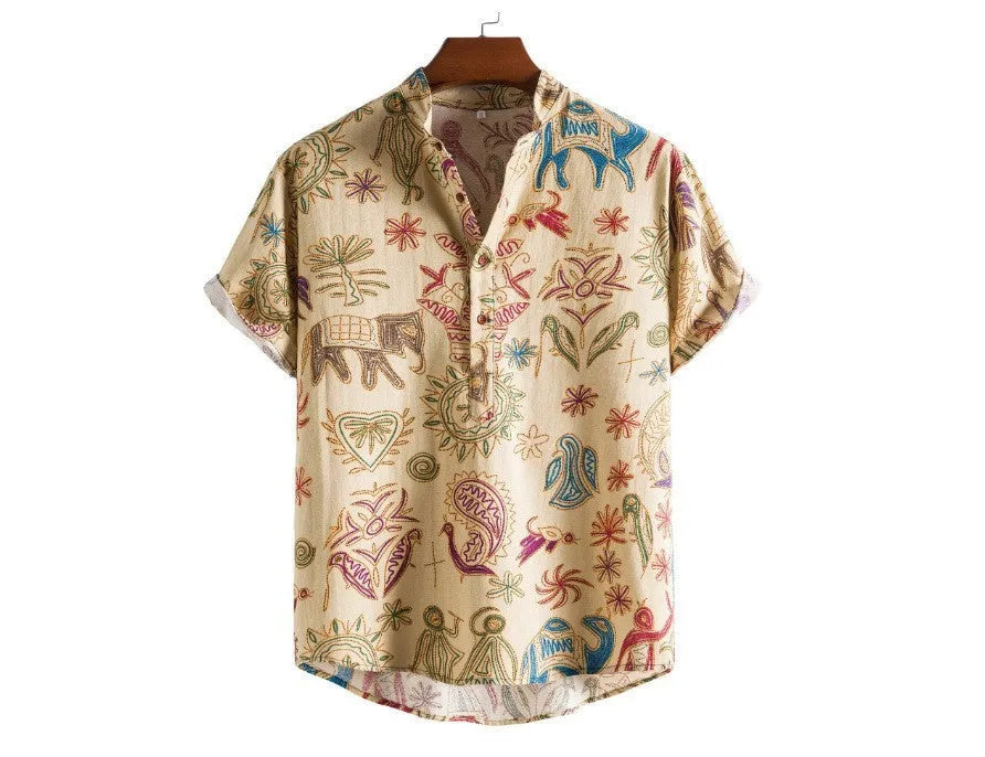 Plus size men's loose cardigan shirt with a colourful 3D digital print pattern.