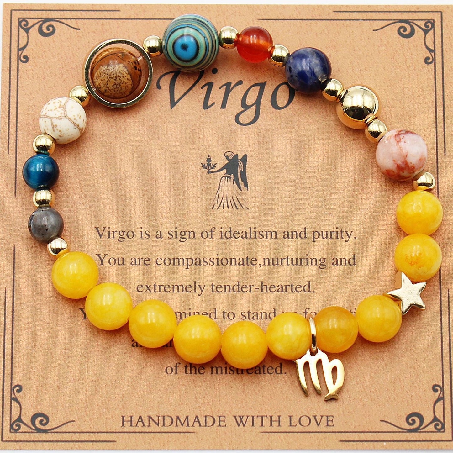 Morgan Stone beaded bracelet with twelve constellation designs, showcasing personalised zodiac signs.