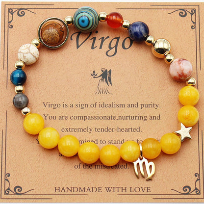 Morgan Stone beaded bracelet with twelve constellation designs, showcasing personalised zodiac signs.