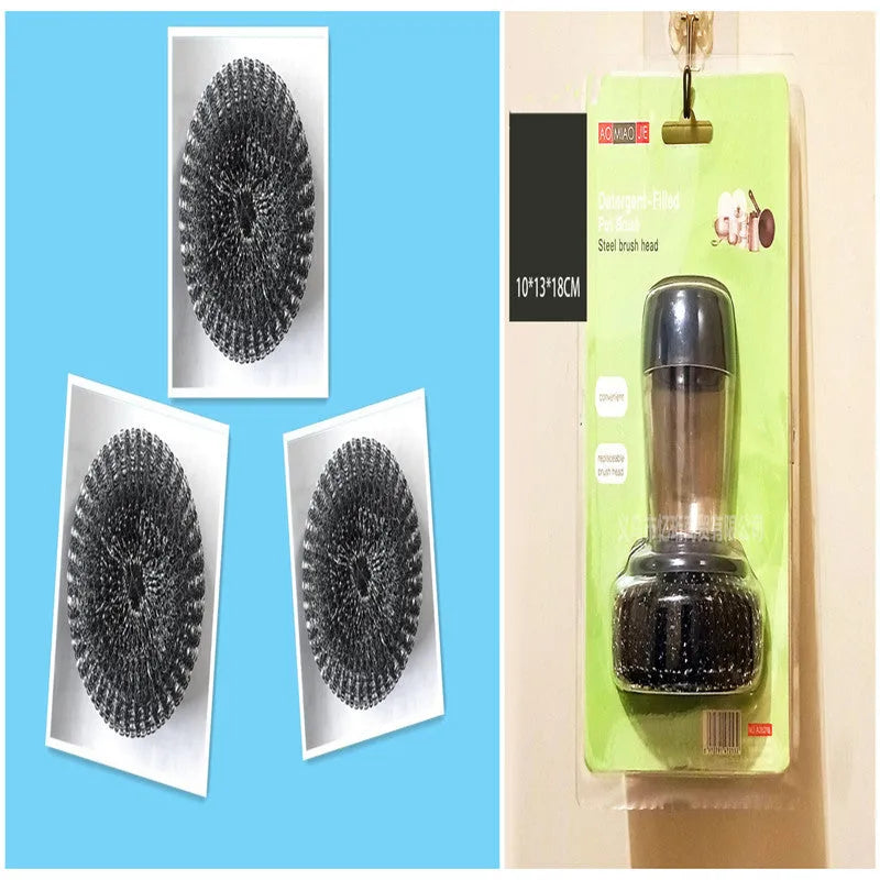 Kitchen cleaning brush with push-button soap dispenser and scrubber head.