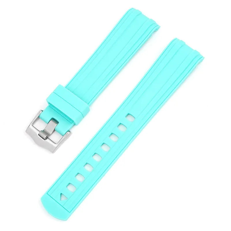20mm width watch strap with silver buckle shown in multiple colour options including army green, sapphire blue, and dark red.