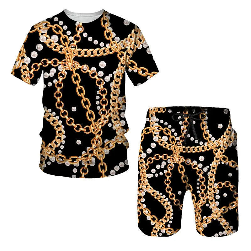 Men's chain pattern printed short sleeve t-shirt and matching shorts set in a chemical fibre blend.