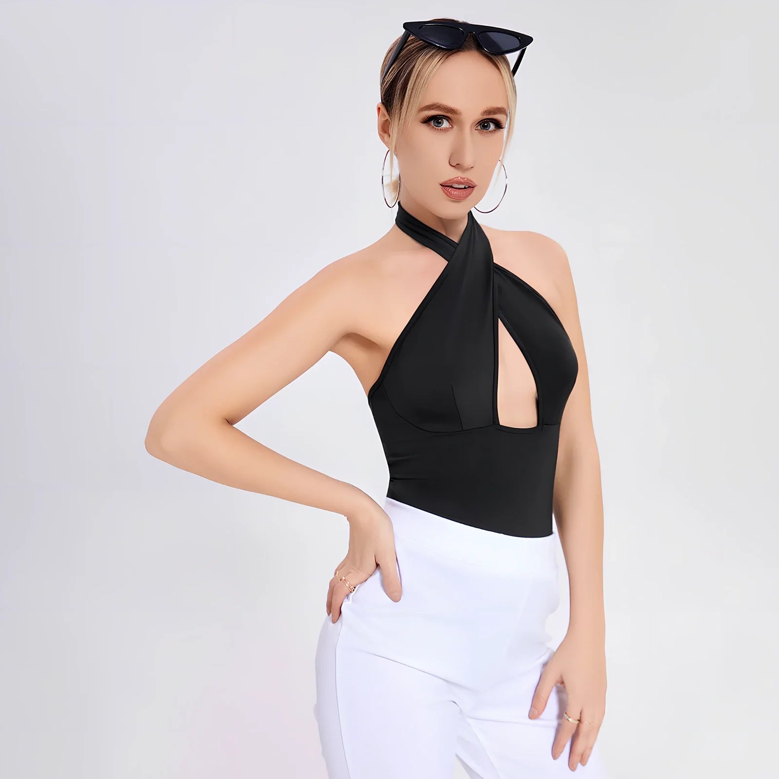 Black women's sleeveless suspender vest in cotton-spandex blend, sizes XS-L, 60cm length for fitted stretch wear