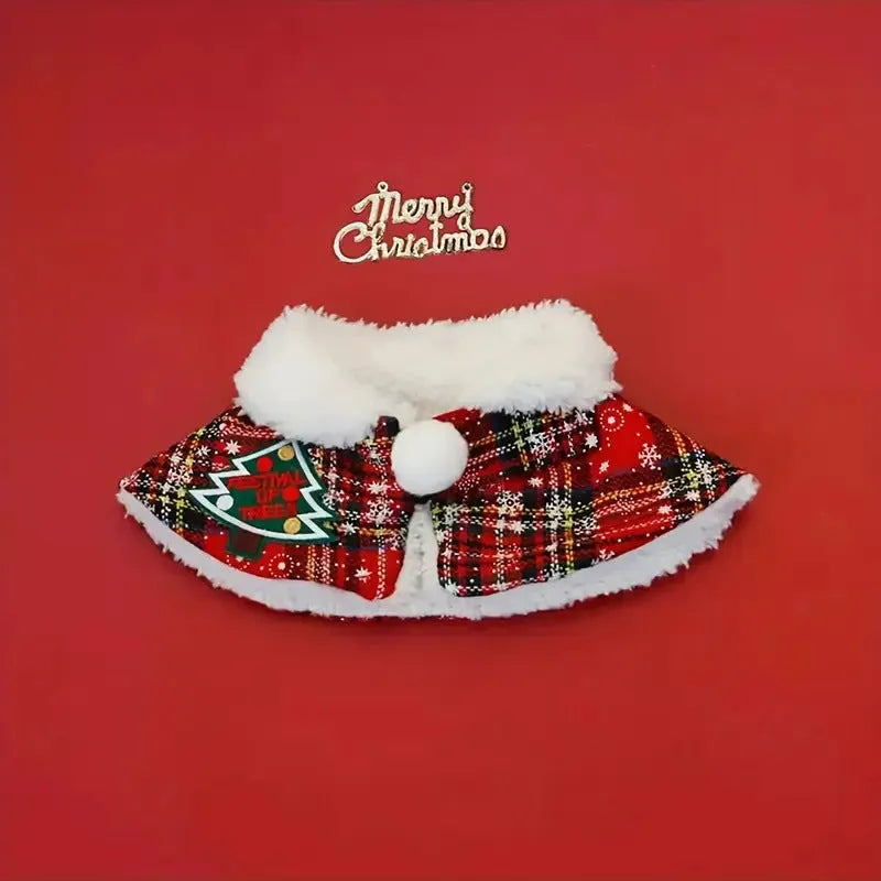 A red background festive bell design polyester scarf for a dog around its neck.