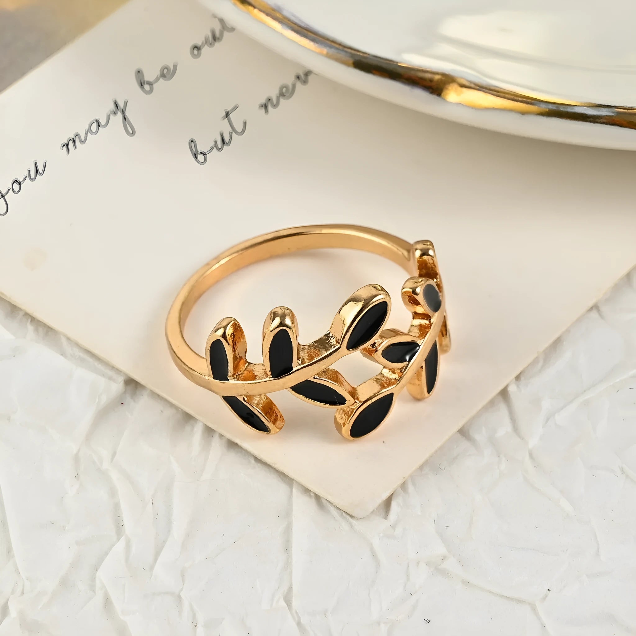Gold electroplated acrylic ring with geometric leaf pattern for women's index finger