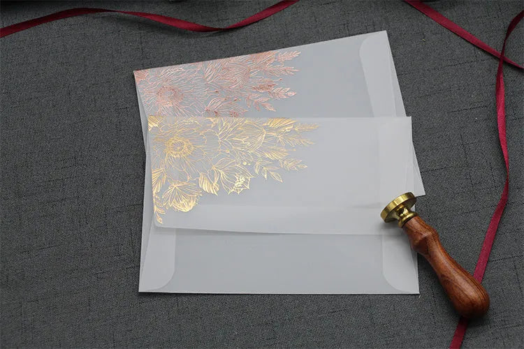Gold and rose gold sulphuric acid paper invitation cards with bronzing matte varnish and sealing stickers