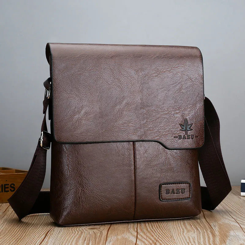 Vertical men's casual PU leather backpack in solid colour with letter print for business commute