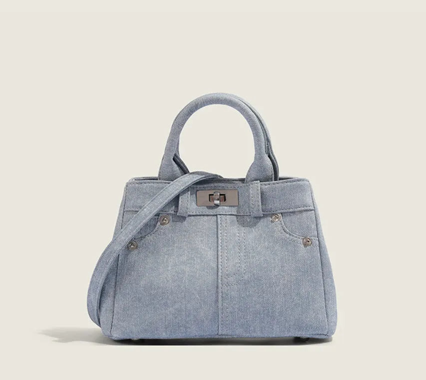 Women's soft PU shoulder handbag in denim blue and white colour options