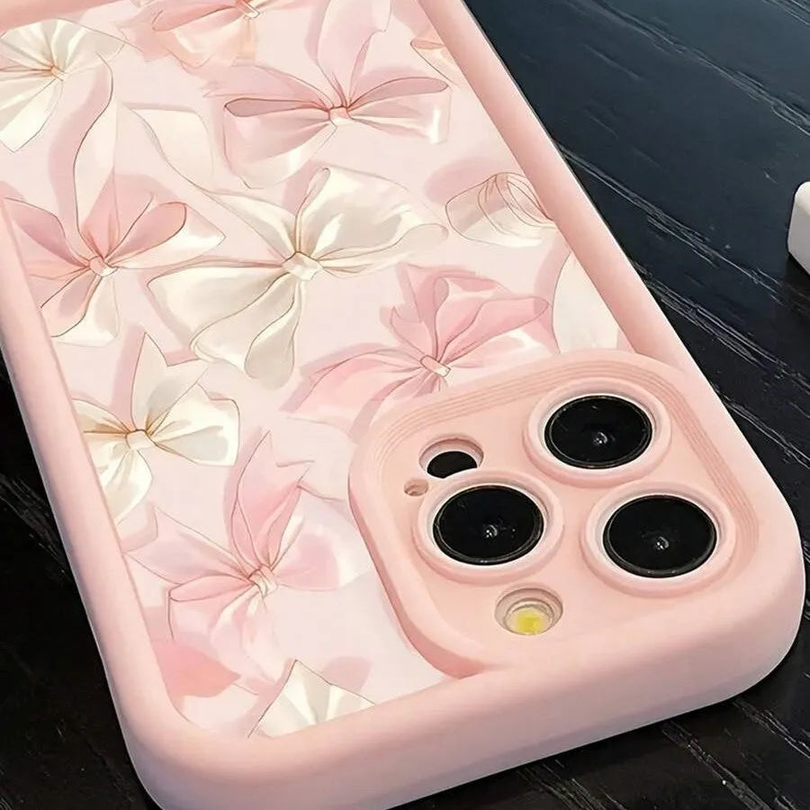 Pink all-inclusive TPU phone case with silk bow and Sky Eye ladder design for Apple iPhone
