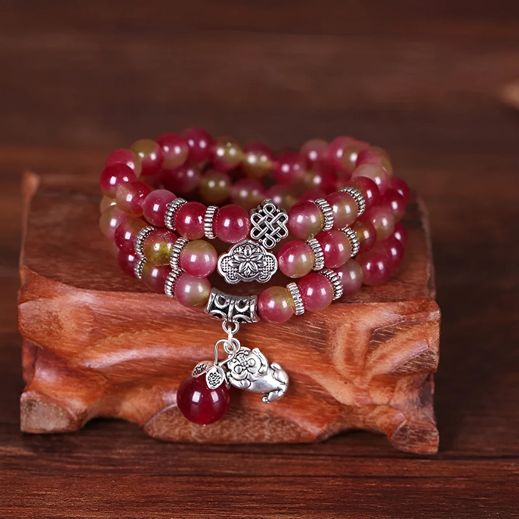 Handmade watermelon crystal bracelet with Chinese knot design and geometry beads in 6mm or 8mm sizes