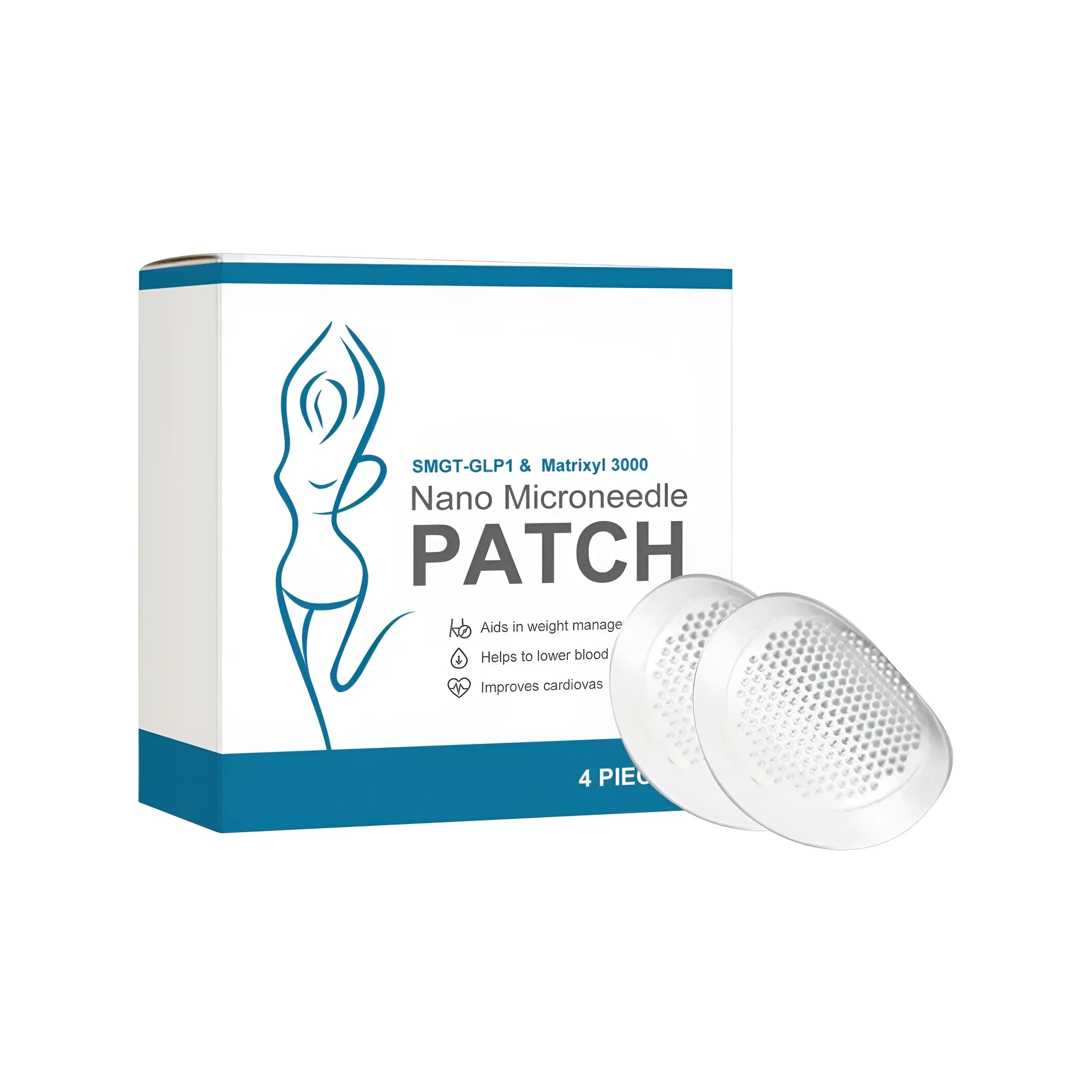 Body shaping microneedle patch pack containing four individual patches with curcumin and peptide ingredients.