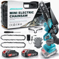 Small handheld electric chainsaw with 6-inch chain, batteries, safety goggles, gloves, and storage box