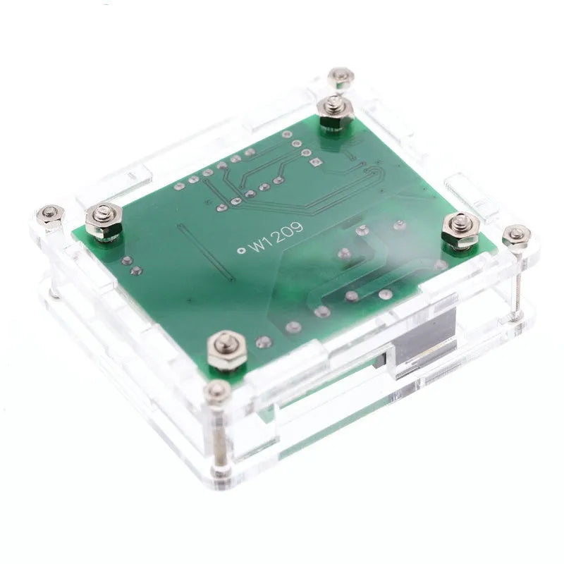 W1209 digital thermostat with acrylic shell and blue light display on a white background