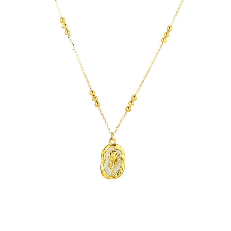 Simple rose white shell flower pendant necklace on regular chain for women, stainless steel with 18K electroplated finish