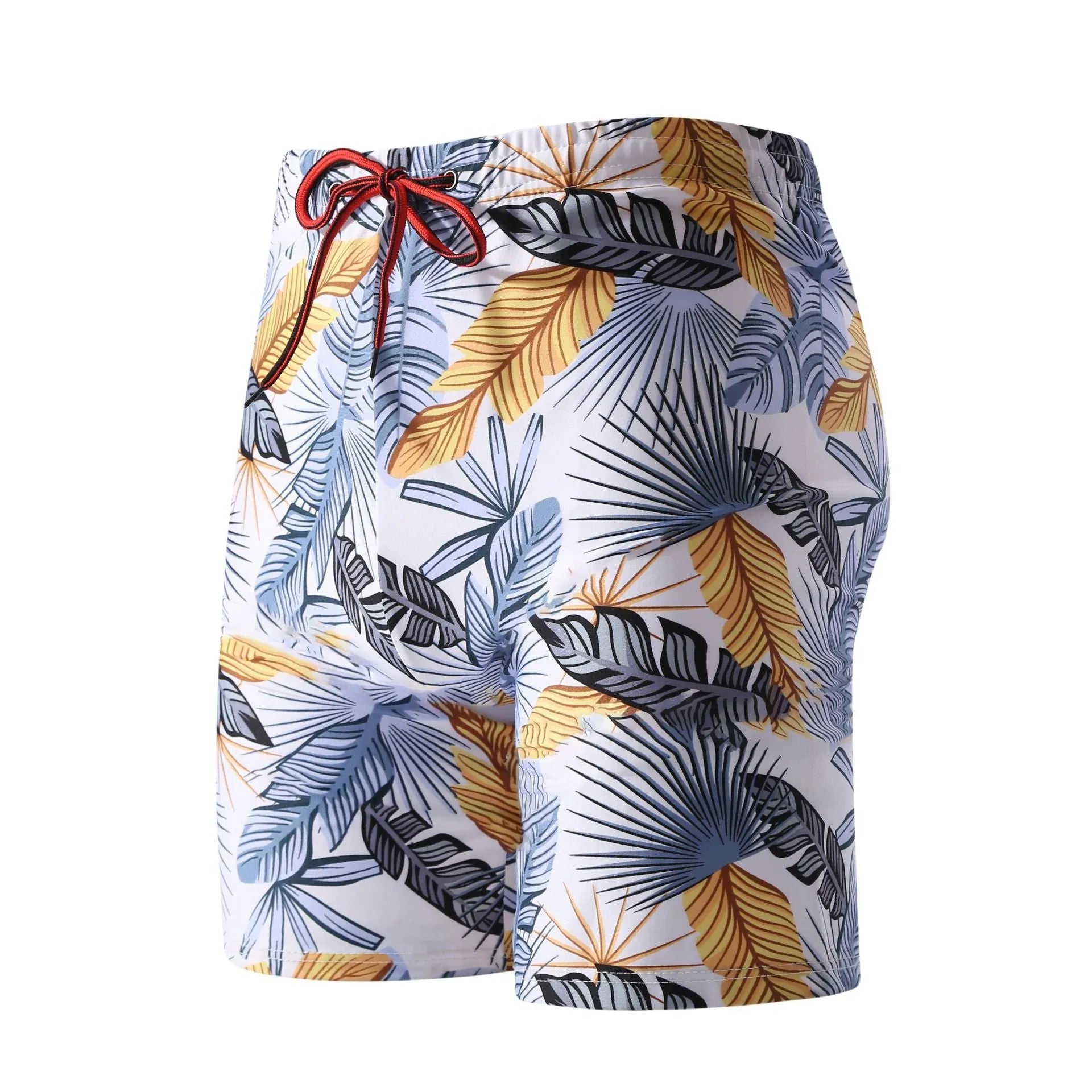 Men's cropped beach pants swimming trunks in multicolour leaf pattern with polyester spandex fabric