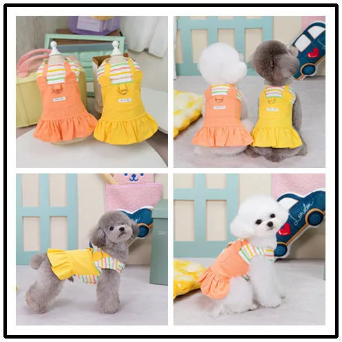 Orange and yellow striped patchwork dog skirt on canine model showing cotton fabric texture and sizing
