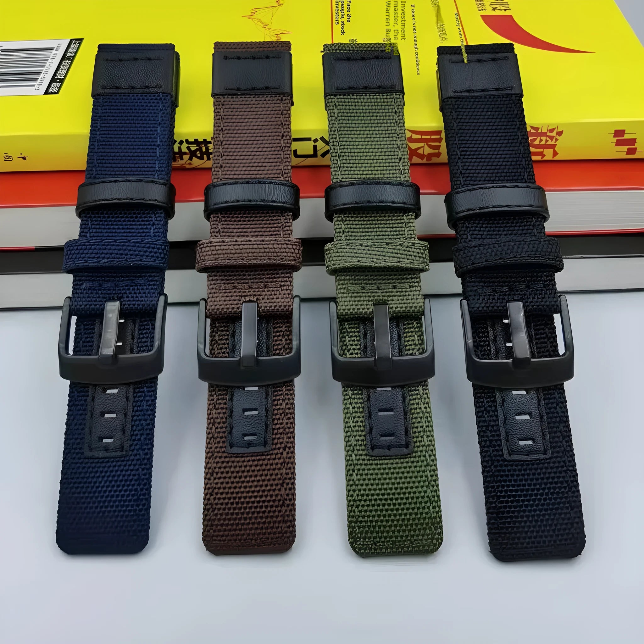 Oxford cloth canvas watch strap shown in multiple colour options including army green, black, and camouflage.