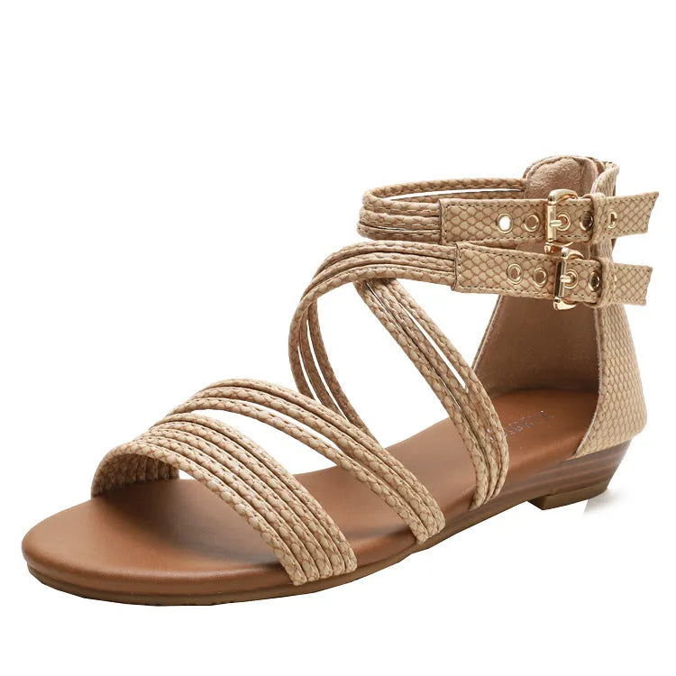 Women's open-toe Roman sandals with cross straps, a back zipper, and a wedge rubber sole.