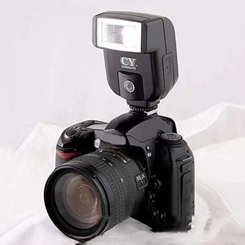 SLR camera flash accessory with adjustable 90-degree head showing compact 65x60x98mm dimensions