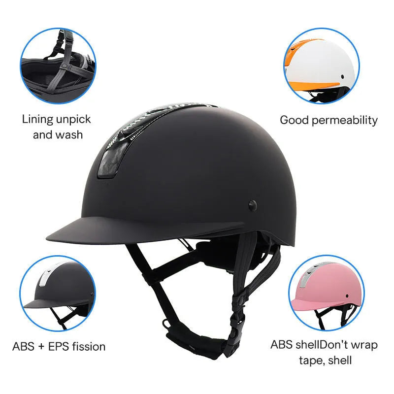 Super light equestrian helmet in bright black with ABS shell and EPS lining for summer horse riding