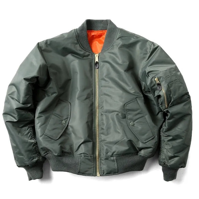 Men's loose fit nylon pilot jacket in Army Green shown on a hanger.
