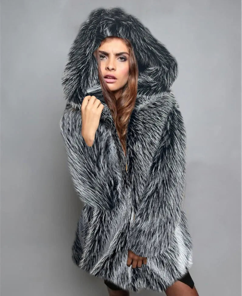 Silver grey women's artificial fur coat with loose fit and mid-length 65cm measurement