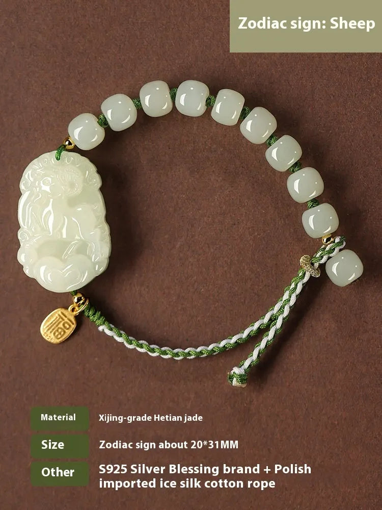 Year of the Rabbit red cord bracelet with Hetian jade charm and small silver blessing card.