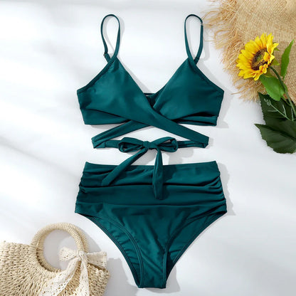 Spa ladies split bikini swimwear in multicolor stripes with nylon fabric, showing six colour options