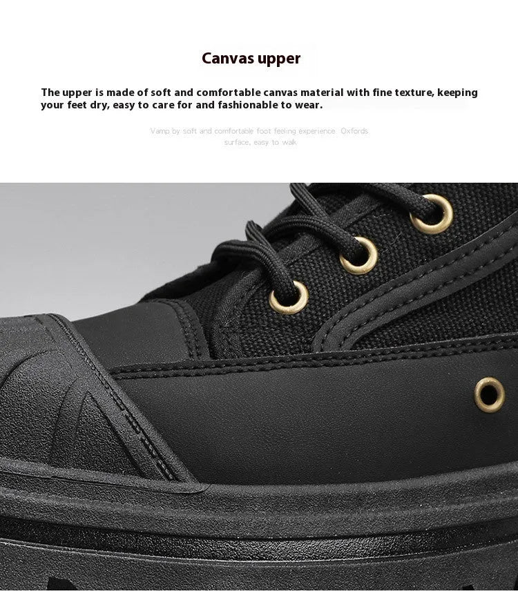 Men's thick-soled canvas casual motorcycle boots in black with front lace-up and round toe, side view
