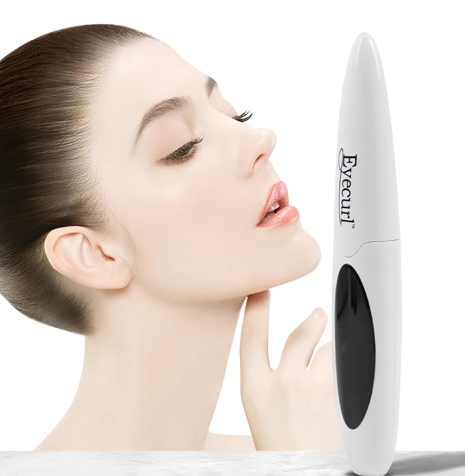 Pink USB-charged electric eyelash curler with curved brush head and LED indicator