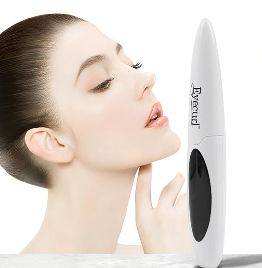 Pink USB-charged electric eyelash curler with curved brush head and LED indicator