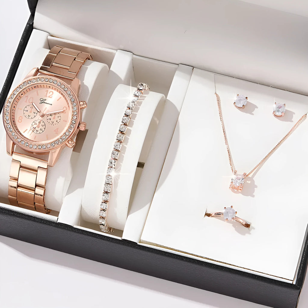 Women's three-eye quartz diamond-embedded watch with alloy strap in rose gold colour