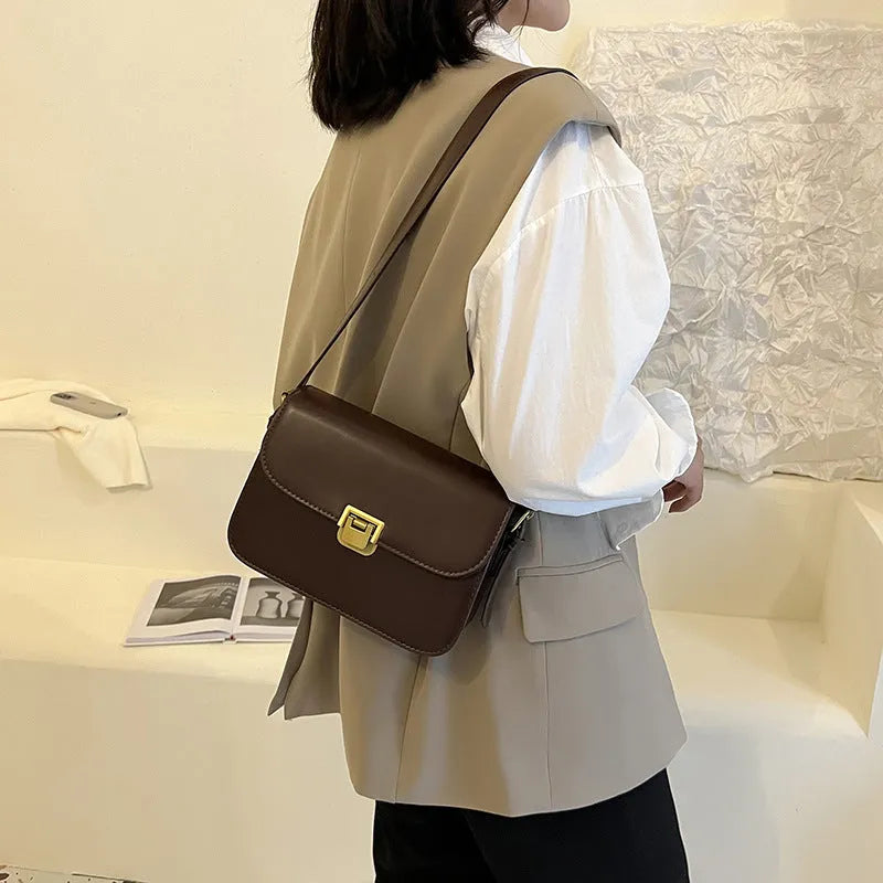 Women's soft PU one-shoulder underarm small square bag in a horizontal shape, shown in various colours.