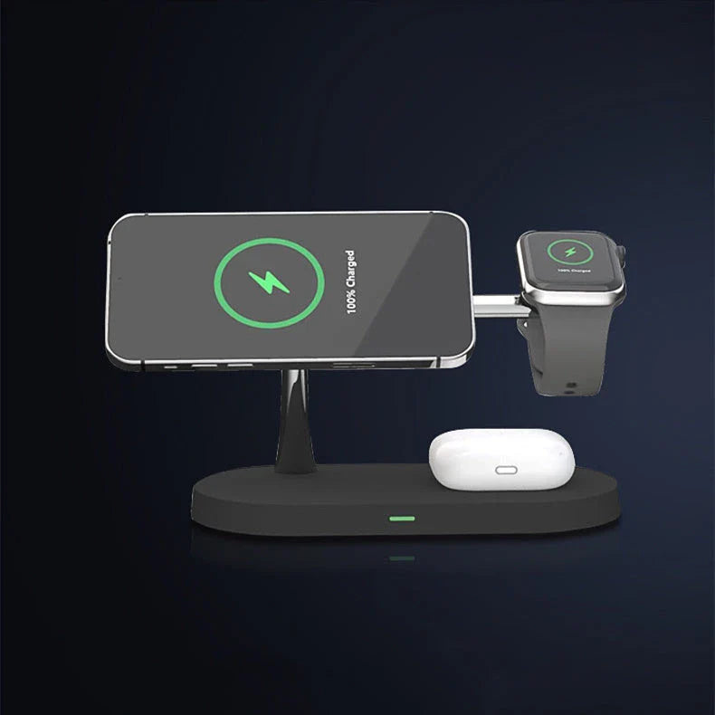 5-in-1 Magnetic Wireless Charging Station with iPhone, Apple Watch, and AirPods charging capabilities, adjustable night light, and stable anti-slip design.