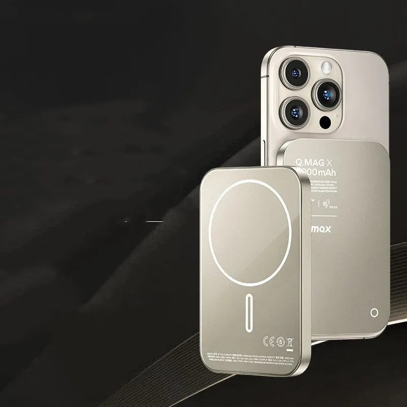 Titanium gold magnetic wireless power bank with alloy metal shell.