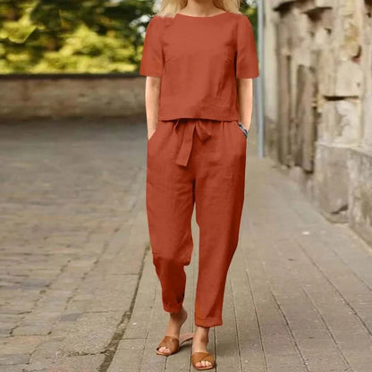 Women's cotton and linen wide-leg pants suit in khaki, red, army green, and blue