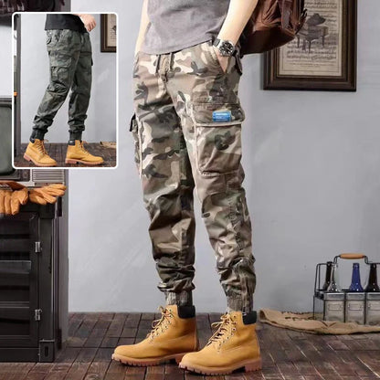 Men's camouflage cargo pants with multiple pockets and loose tapered fit