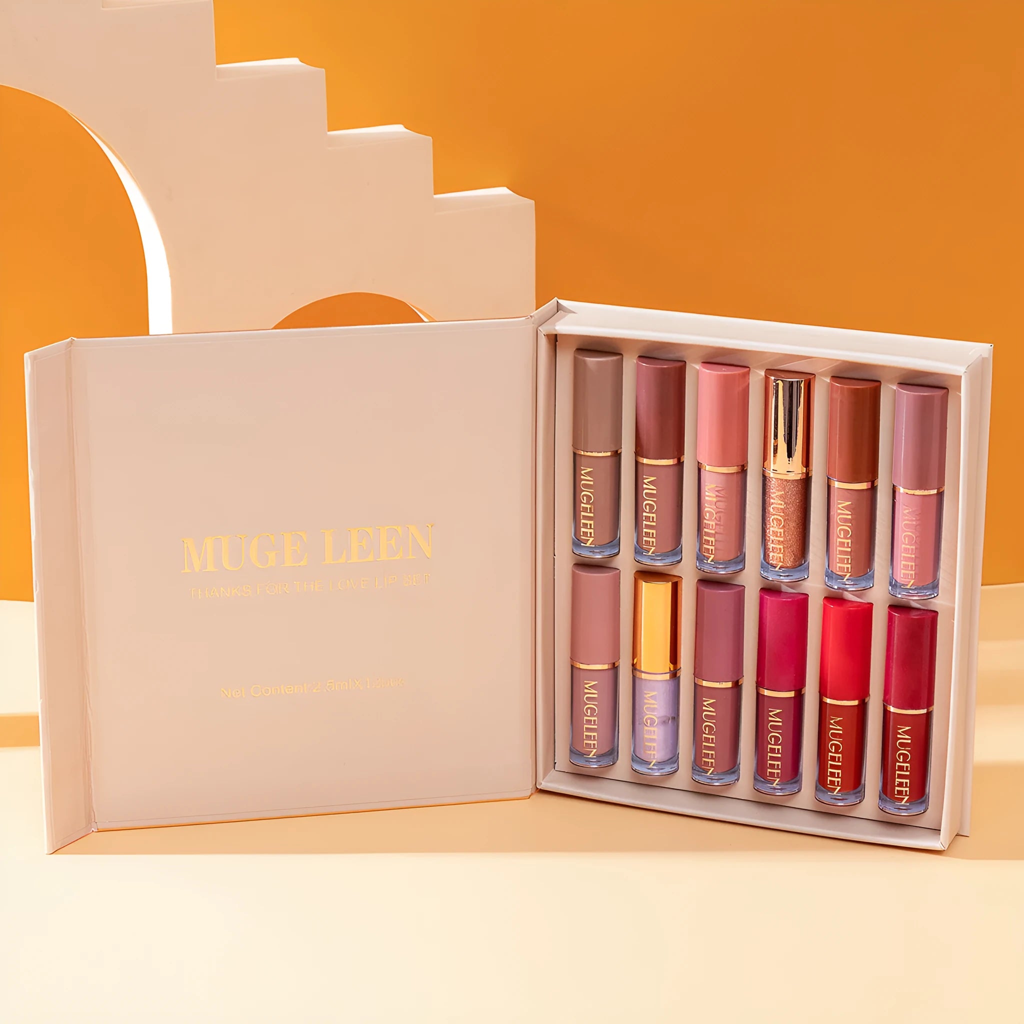 Matte shimmer lip glaze set with 12 non-stick cup colours in packaging