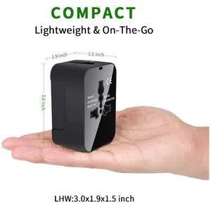 Global Pass Multi-function Travel Adapter in black with dual USB ports and foldable plugs